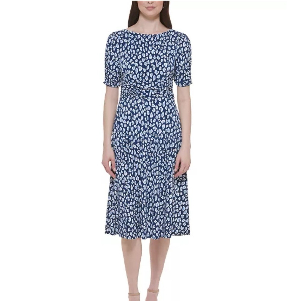 Jessica Howard Women's Ruched Elbow-Sleeve Midi Dress 6 Petite Blue